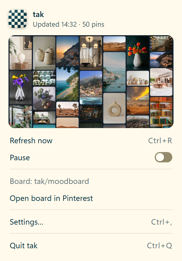 tak menu by the clock: last update, refresh now, pause, open board