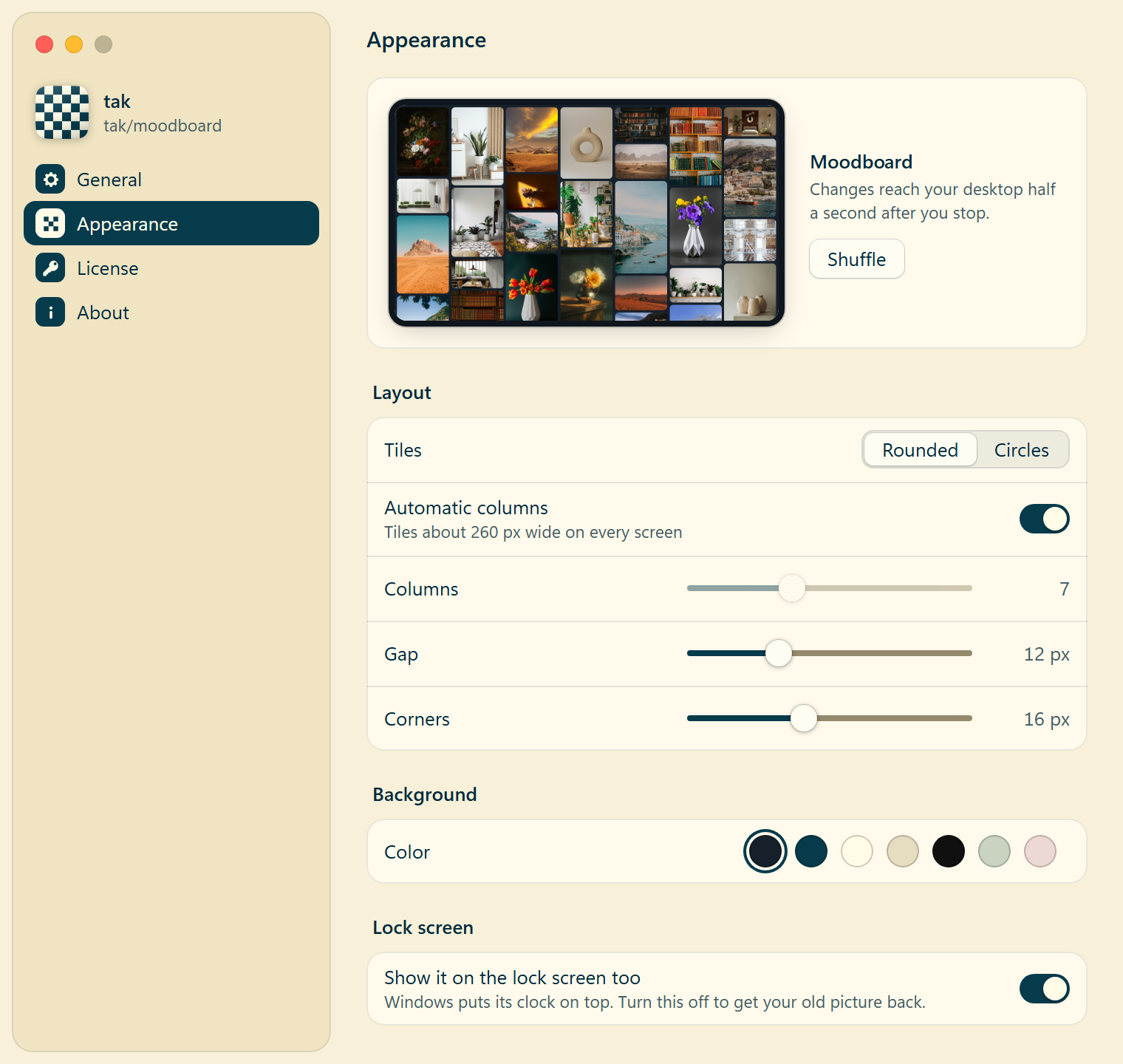 tak settings, Appearance: live preview, tile shape, columns, gap, corners, background and lock screen